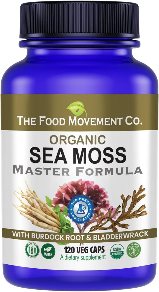 THE FOOD MOVEMENT CO. Sea Moss Master Formula con Burdock Root & Bladderwrack per Gut Health | Organic Vegan Supplement per donne e uomini | Irish Sea Moss Blend for Optimal Well-Being (120)