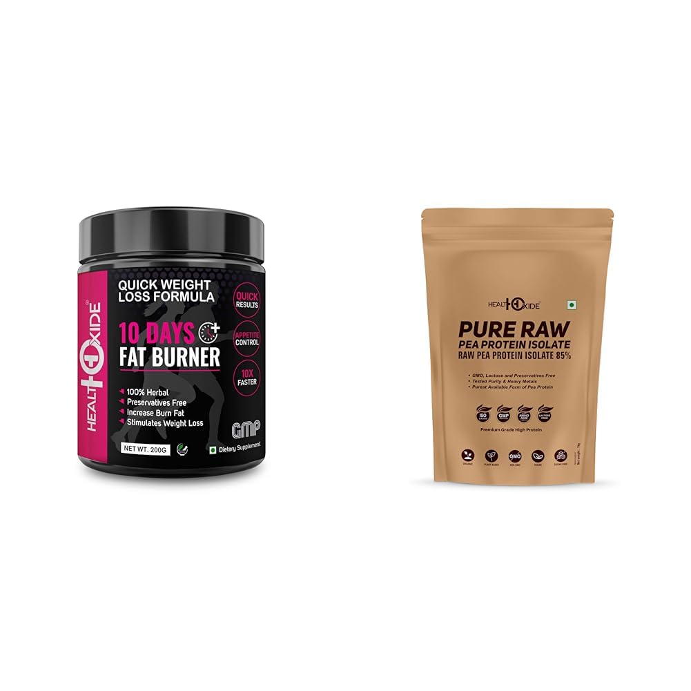 HealthOxide 10 Days Fat Burner Powder | Natural Weight Loss Supplement with Green Tea Extract, Gar | HealthOxide Pea Protein Isolate 85% | Vegan Plant Protein Powder | Unflavoured | 85% Pure Protein