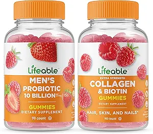 Lifeable Men's Probiotic 10 Billion + Collagen & Biotin, Gummies Bundle - Great Tasting, Vitamin Supplement, Gluten Free, GMO Free, Chewable Gummy