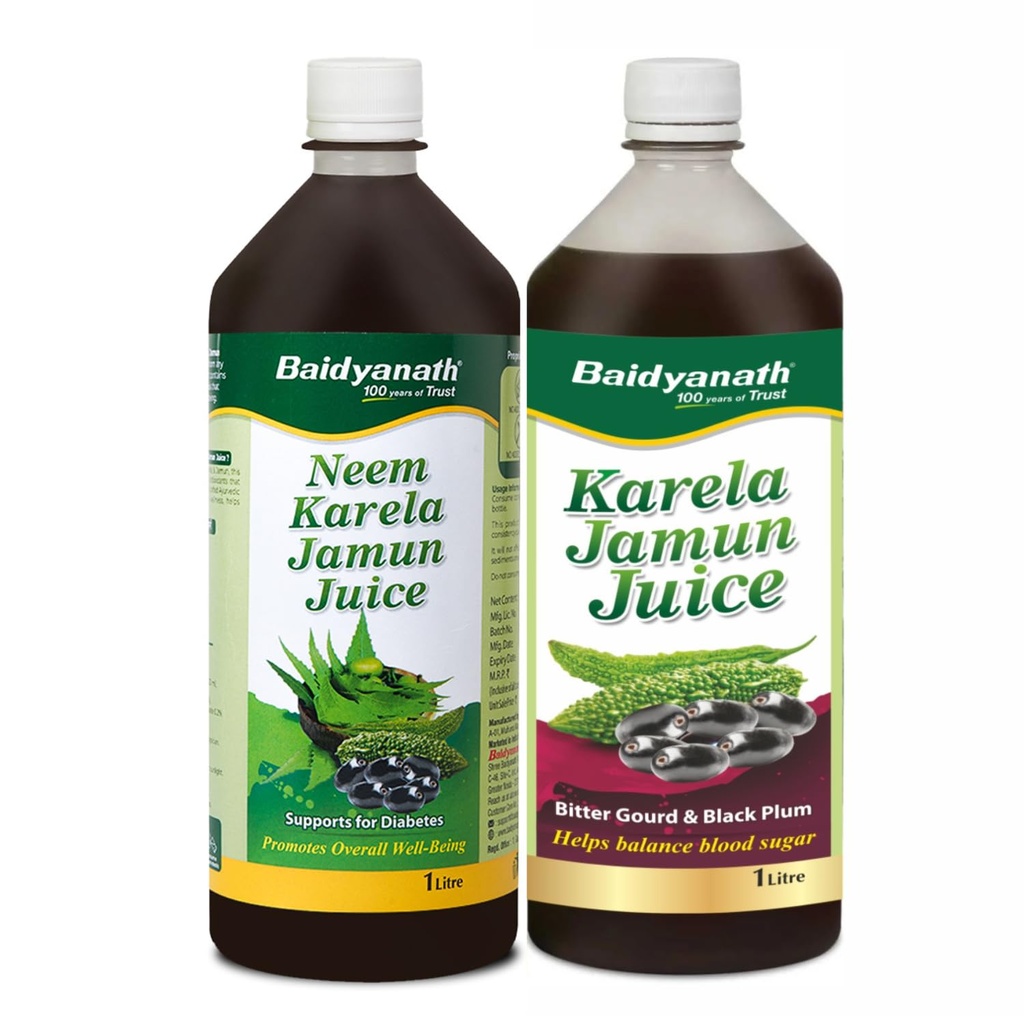 Baidyanath Ayurved Neem Karela Jamun & Karela Jamun Juice combo (2L, 1Litre X 2) | Natural Remedy for Blood Sugar Management | Best For Digestive Health, Diabetic, Skin Care & Natural Detox | No Added Sugar