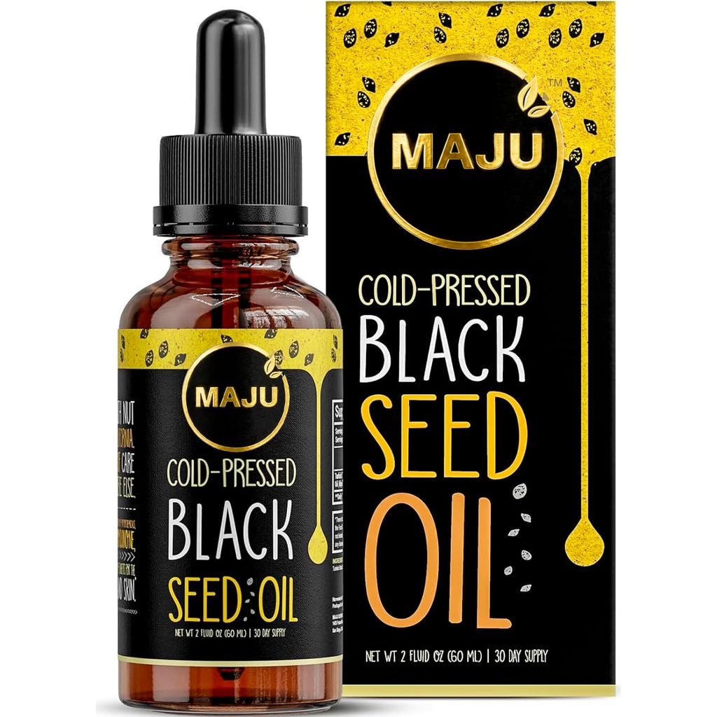 Maju Superfoods Black Seed Oil - 3 mal TQ, Kalt-Pressed, Reisegröße, 100% Türkisch Schwarz Cumin Seed Oil, Flüssigkeit reines Schwarz, Glasflasche, 2 Oz