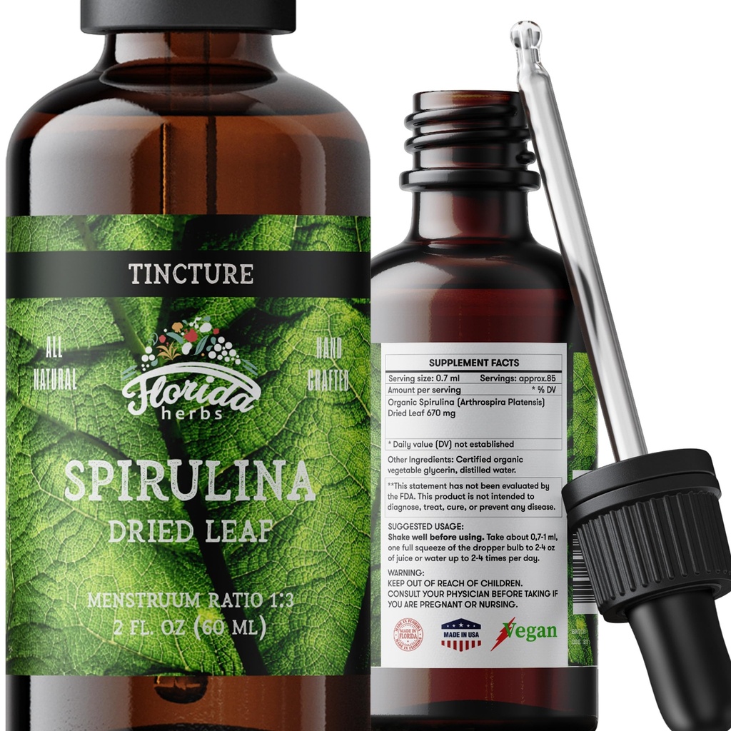Spirulina Tincture, Organic Spirulina Extract (Arthrospira Platensis) Kräuterergänzung, Non-GMO in kaltgepresstem Organisches Gemüse Glycerin, 700 mg, 2 Unzen (60 ml)