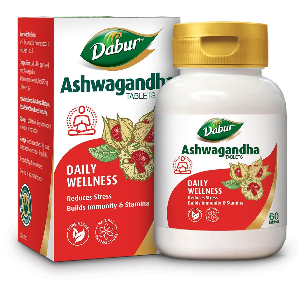 Dabur Ashwagandha Tablets - 60 tabs | General Wellness Tablets | Stress Relief | Rich in Antioxidants | Immunity Booster | Rich in Antioxidants | Rejuvenates Body