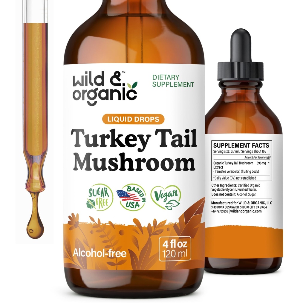 Teinture de champignon de dinde sauvage et biologique - gouttes de soutien immunitaire avec extrait de queue de dinde - Supplément de champignons liquides pour le soutien de gueule - végétalien, sans sucre et sans alcool - 4 fl oz