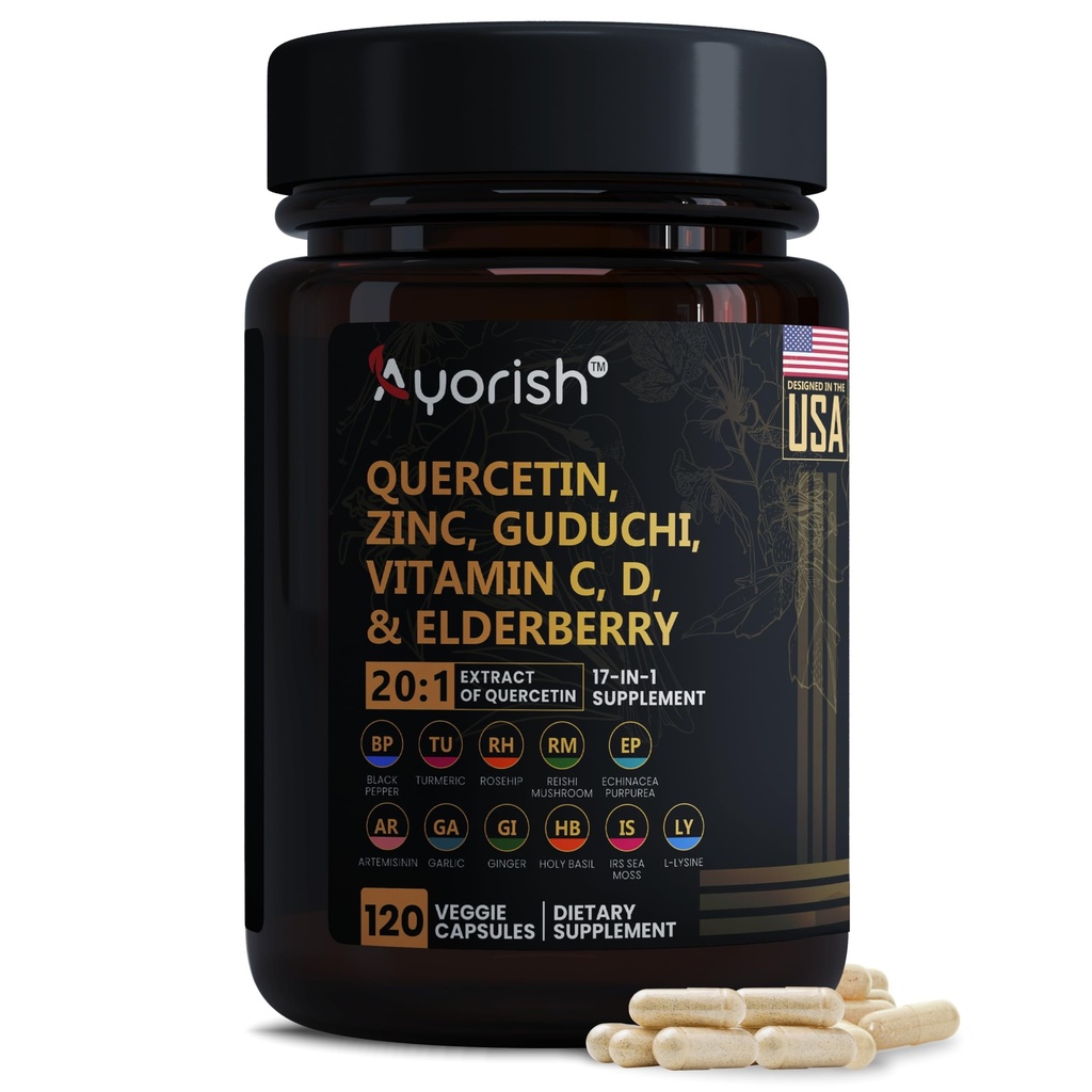 Quercetin Zinc Vitamine C Vitamine D Bromelain Elderberry - Supplément de soutien immunitaire pulmonaire Adultes avec l'artémisinine, la mousse de mer, l'échinacée, le soulagement de l'allergie 120 Compte