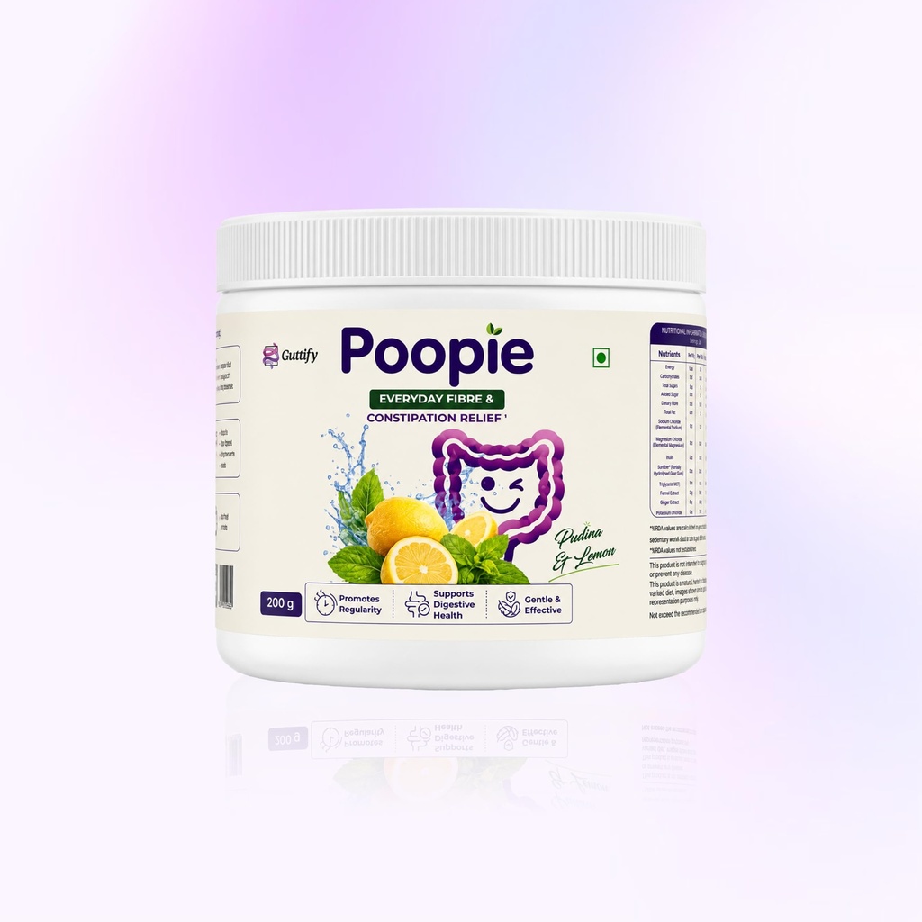 Poopie Fibre Supplement | Inulin & Sunfiber (PHGG) Prebiotic Fibre with Triphala, Ginger & Fennel | Supports Gut & Digestive Health | Helps Support Bowel Regularity | Pudina Lemon | 200gm