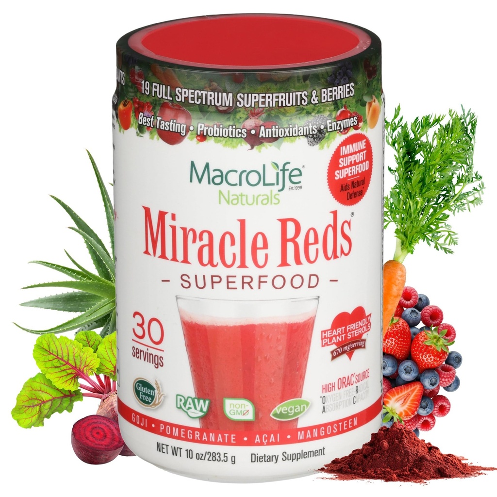 MacroLife Naturals Miracle Reds Superfood Supplément Poudre Antioxydants Polyphénols Enzymes Probiotiques - crus non-OGM Organic Gluten végétalien et sans produits laitiers (30 portions)