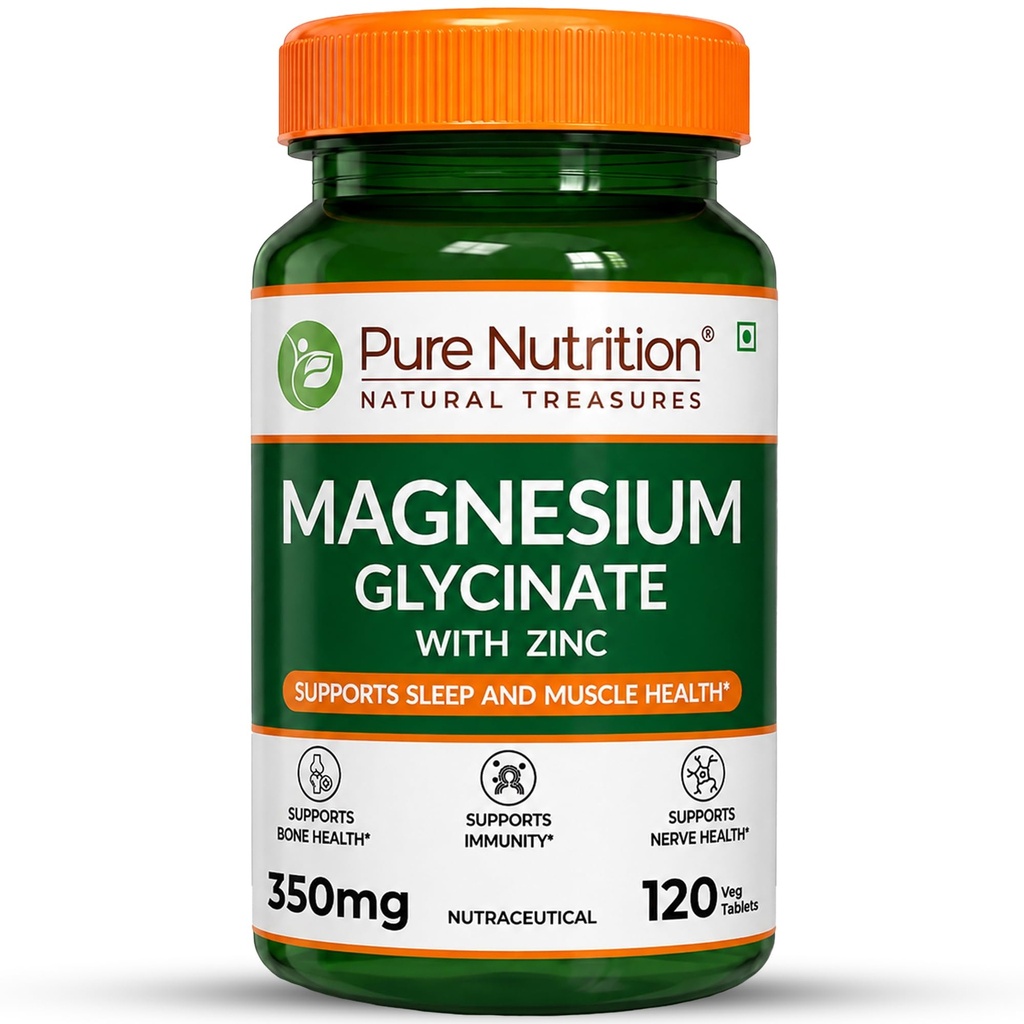 Pure Nutrition Magnesium Glycinate with Zinc Supplement 350 mg - 120 Tablets | High Absorption Magnesium Supplement for Bone, Muscle & Nerve Vitality | Supports Calm, Sleep Quality & Cramp Relief