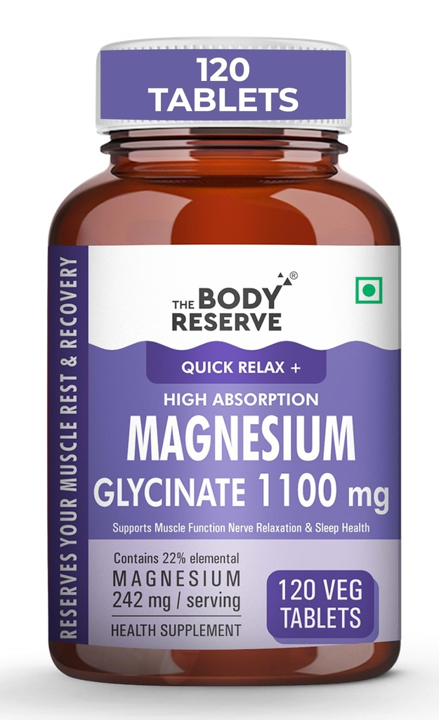 The Body Reserve Magnesium Glycinate Supplement - 120 Veg Tablets, 1100mg Per Serving, High Absorption Chelated Form - Muscle & Nerve Health, Relaxation for Men & Women