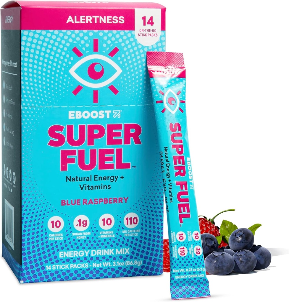 EBOOST Energy Drink Powder, Super Fuel - Blaue Himbeere, 14 Pakete - Pre-Workout Powder Energy Drink Mix - Natürliche Energie, L-Tyrosin, L-Theanin & Vitamine - Preworkout für Frauen und Männer zu gehen