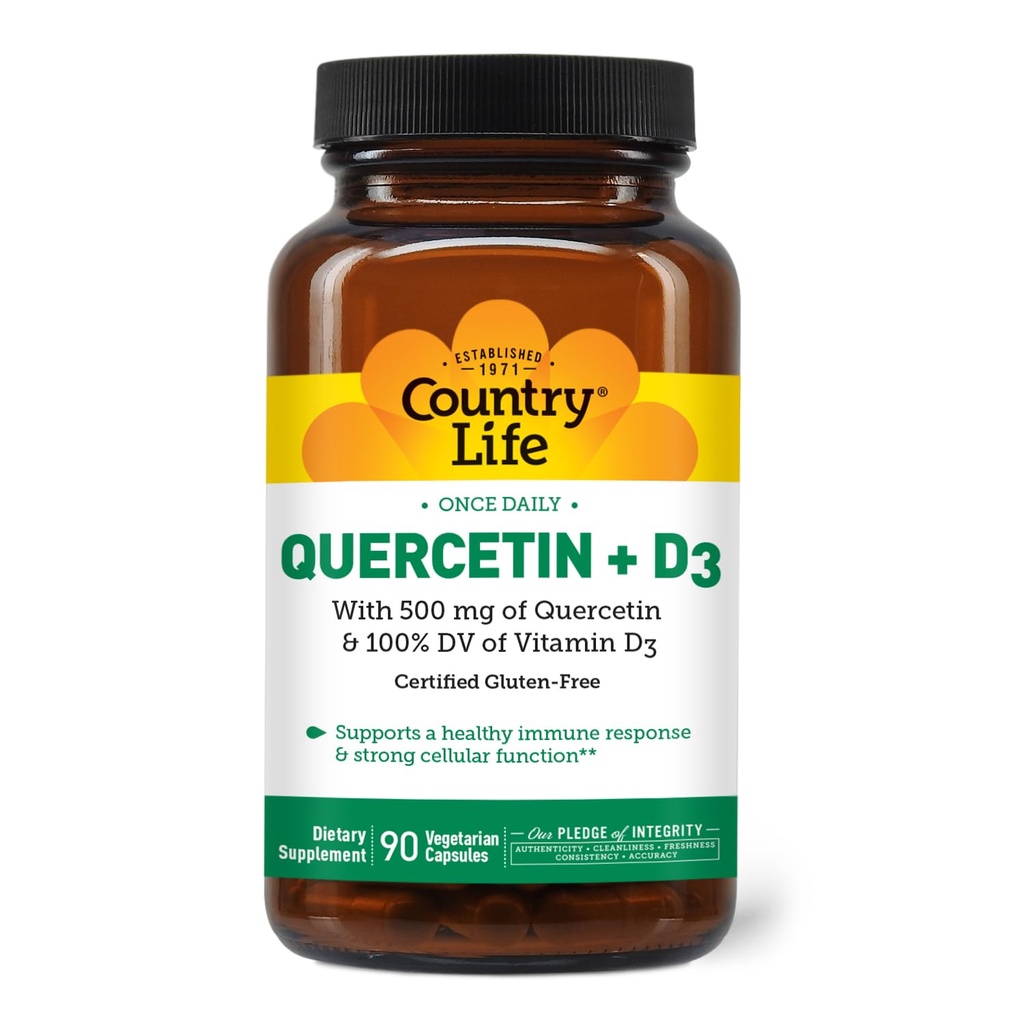 Country Life Quercetin 500mg Capsule con Vitamina D3 800 IU – Integratore di Supporto Immune per Adulti – Booster Immune Giornalieri – Sistema immunitario di Quercetina Boost, 90 Capsule