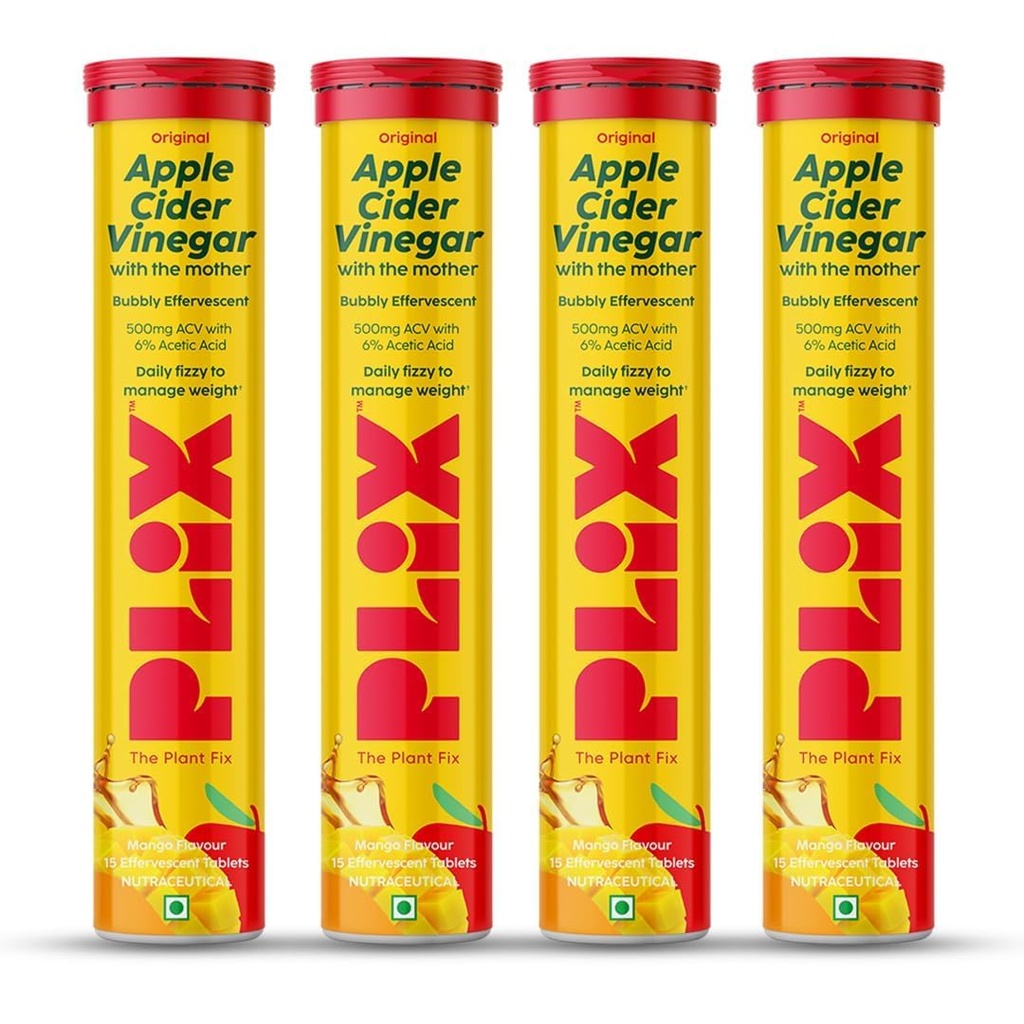 THE PLANT FIX Apple Cider Vinegar Effervescent Tablet with mother | Supports Metabolism & Appetite Control I With 500mg ACV, Vit B6 & B12 I No Maltodextrin, No Added Sugar I Pack of 4 (60 tablets)