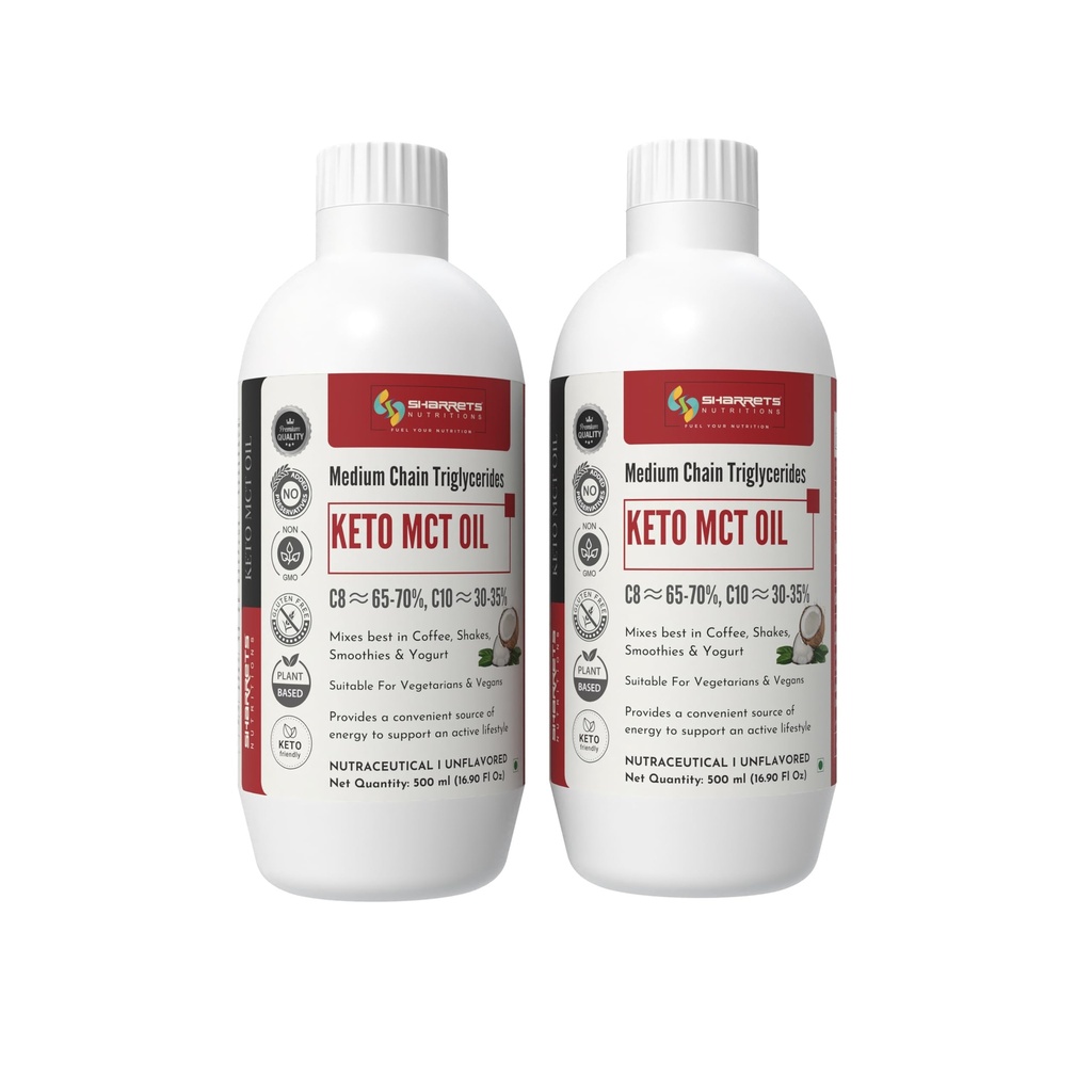 Sharrets Keto MCT Oil (2 x 500ml) C8:70 C10:30 Premium Medium Chain Triglycerides for Bulletproof Coffee, Intermittent Fasting, and Peak Performance