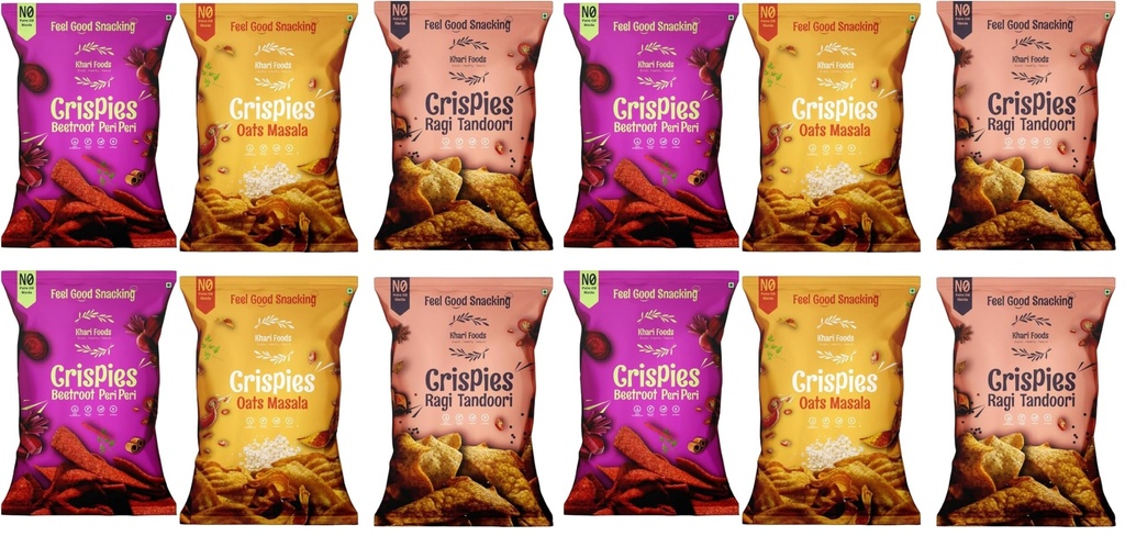 Khari Foods Healhty Crispies Combo, Tandoori Ragi, Peri Peri Beetroot, Masala Oats Chips, No Palm Oil, No Maida, Millet Goodness, Fibre Rich, Zero Cholestrol, Gluten Free Vegan Snacks (50g x 6 Combo)