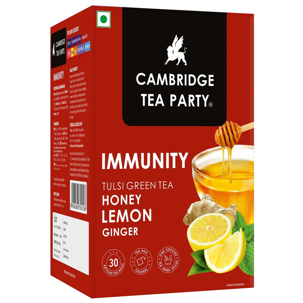Cambridge Tea Party Immunity 30 Tea Bags, Honey Lemon Ginger Tulsi Green Tea - 75 Gm