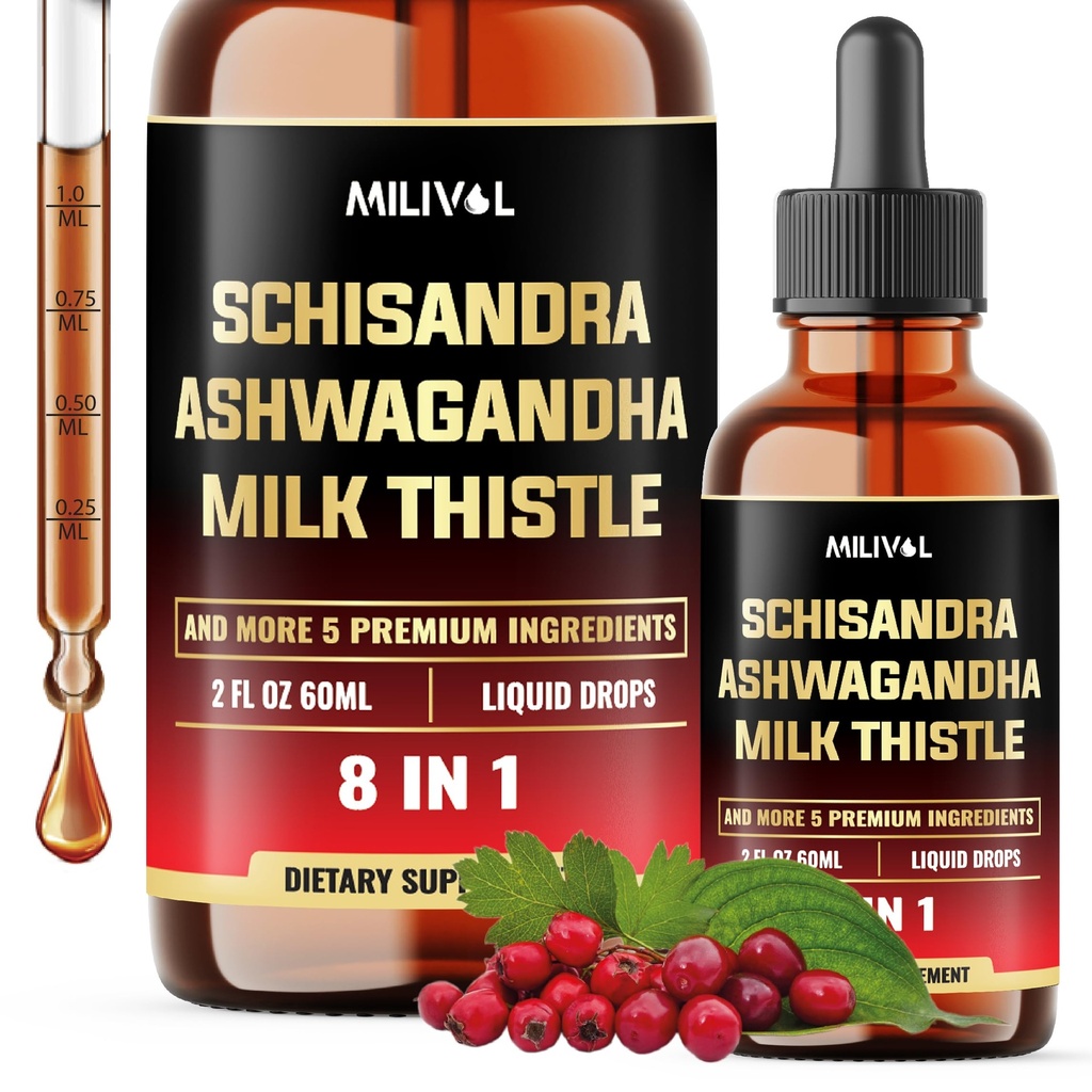 8in1 Schisandra Berry Tropfen mit Milchdistel, Ashwagandha, Rhodiola Rosea, Heilige Basilikum, Artichoke, Dandelion Root & Turmeric Curcumin - 2 Fl Oz für 2 Monate Versorgung
