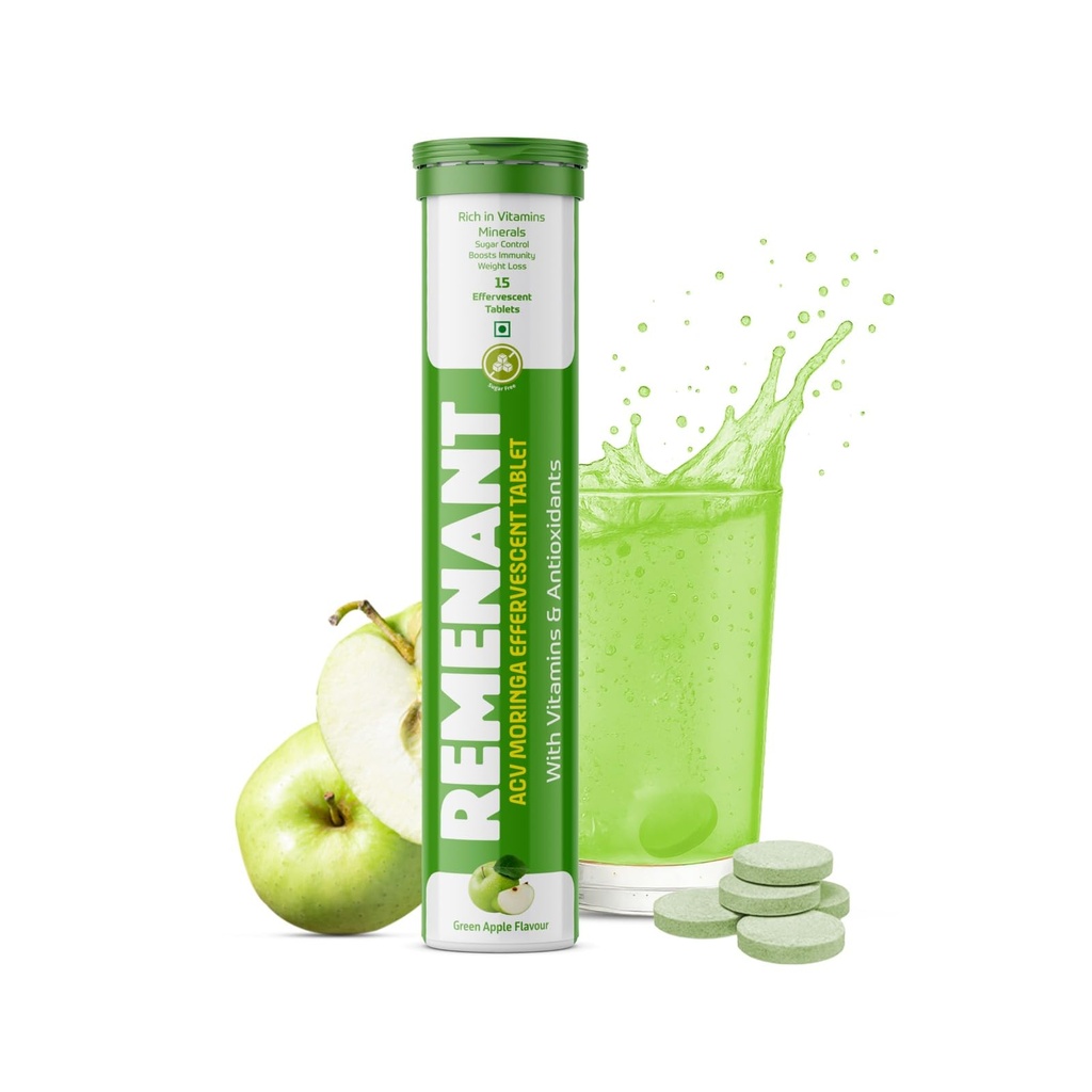 REMENANT ACV Moringa Effervescent Tablets Green Apple Flavour | Apple Cider Vinegar, Moringa, Cinnamon Bark, L-Carnitine & Vitamins | Sugar Free Fizzy Drink Tablets | 15 Effervescent Tablets