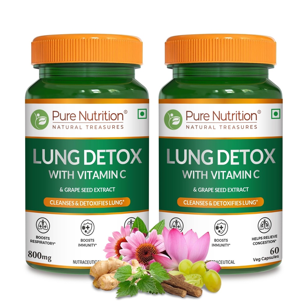 Pure Nutrition Lung Detox Supplement - 120 Veg Capsules (60x2) | Quercetin, Vitamin C, Nettle, Vasaka Leaf, Lotus, Licorice & Ginger | Supports Lung Cleansing, Respiratory Health & Immune Defense | 100% Herbal Formula