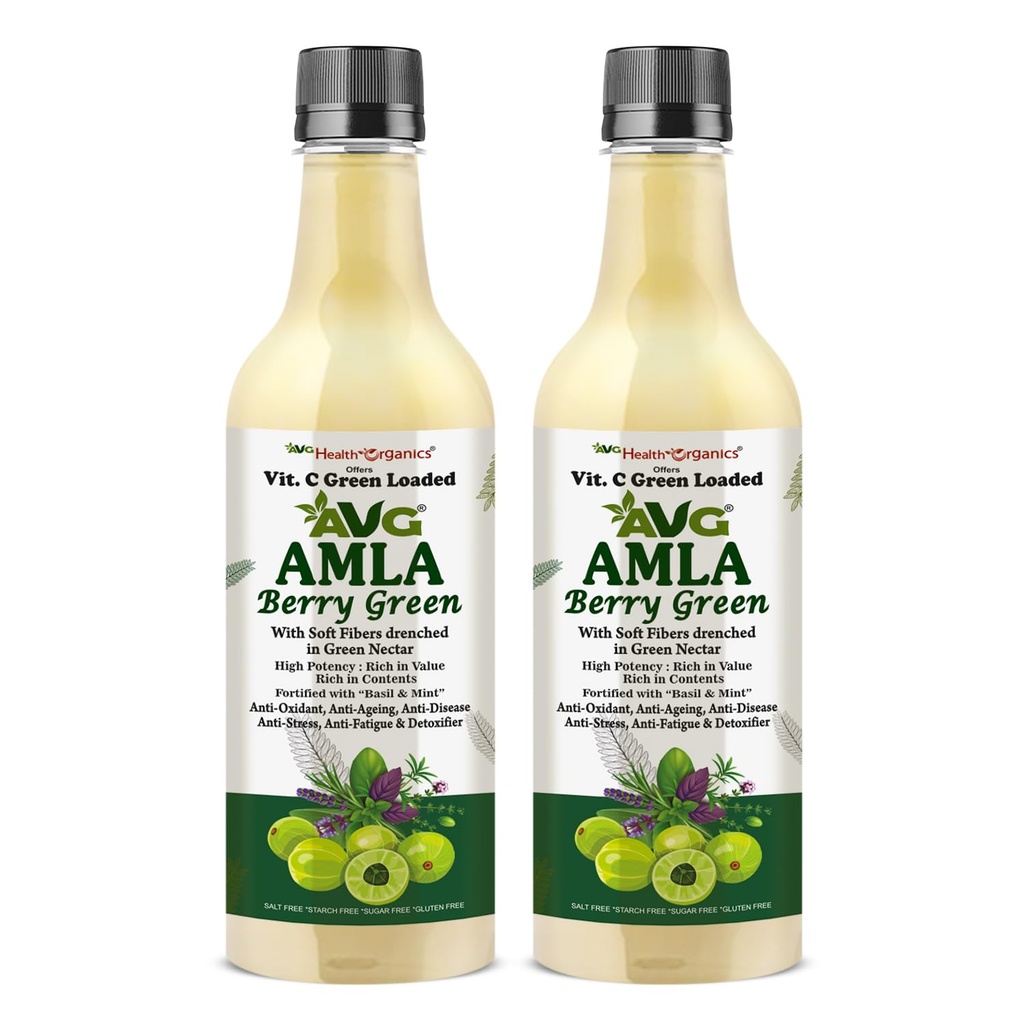 AVG Health Organics Amla Berry Green | Pure Amla Juice - Pack of 2 x 500 ml | Rich in Vitamin C | Immunity Booster, Hair & Skin Health, Body Detox | 100% Natural, No Added Sugar