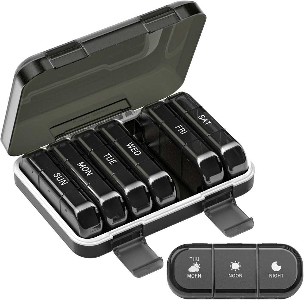 Weekly Pill Organizer 3 Times a Day, 7 Day Portable Pill Box for Pills, Vitamins, Fish Oil, Medication, Supplements (3x7 Black)