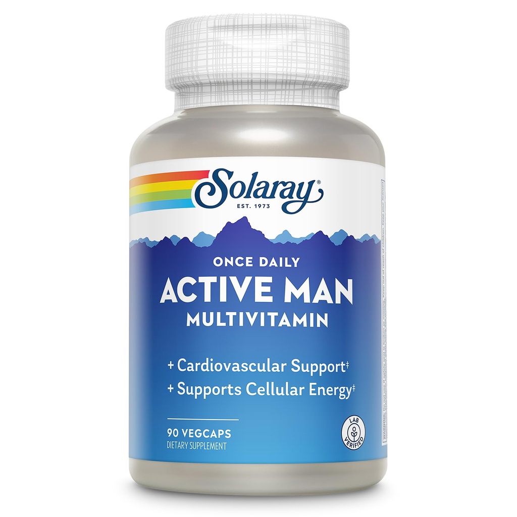 SOLARAY Una volta Daily Active Man Multivitamin - Integratore di energia cellulare e supporto immunitario w/Vitamin D, Vitamina C, B12, B6, Zinco, Lutein, Enzimi digestivi, Alimenti interi, Garanzia di 60 giorni, 90 Serve