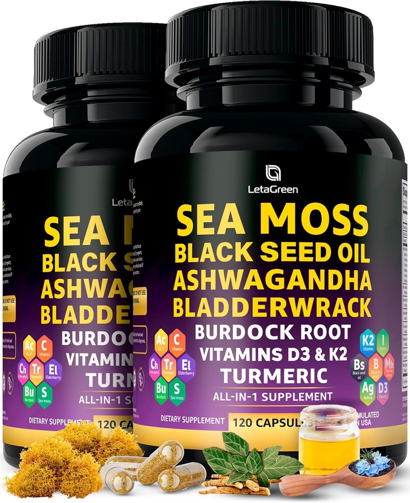 Sea Moss Capsule – 17-in-1 Blend con olio di semi neri Ashwagandha Bladderwrack Burdock Root Turmeric Vitamin D3 K2 C per il benessere quotidiano – Supplemento multiminerale per uomini e donne – 240 Conte