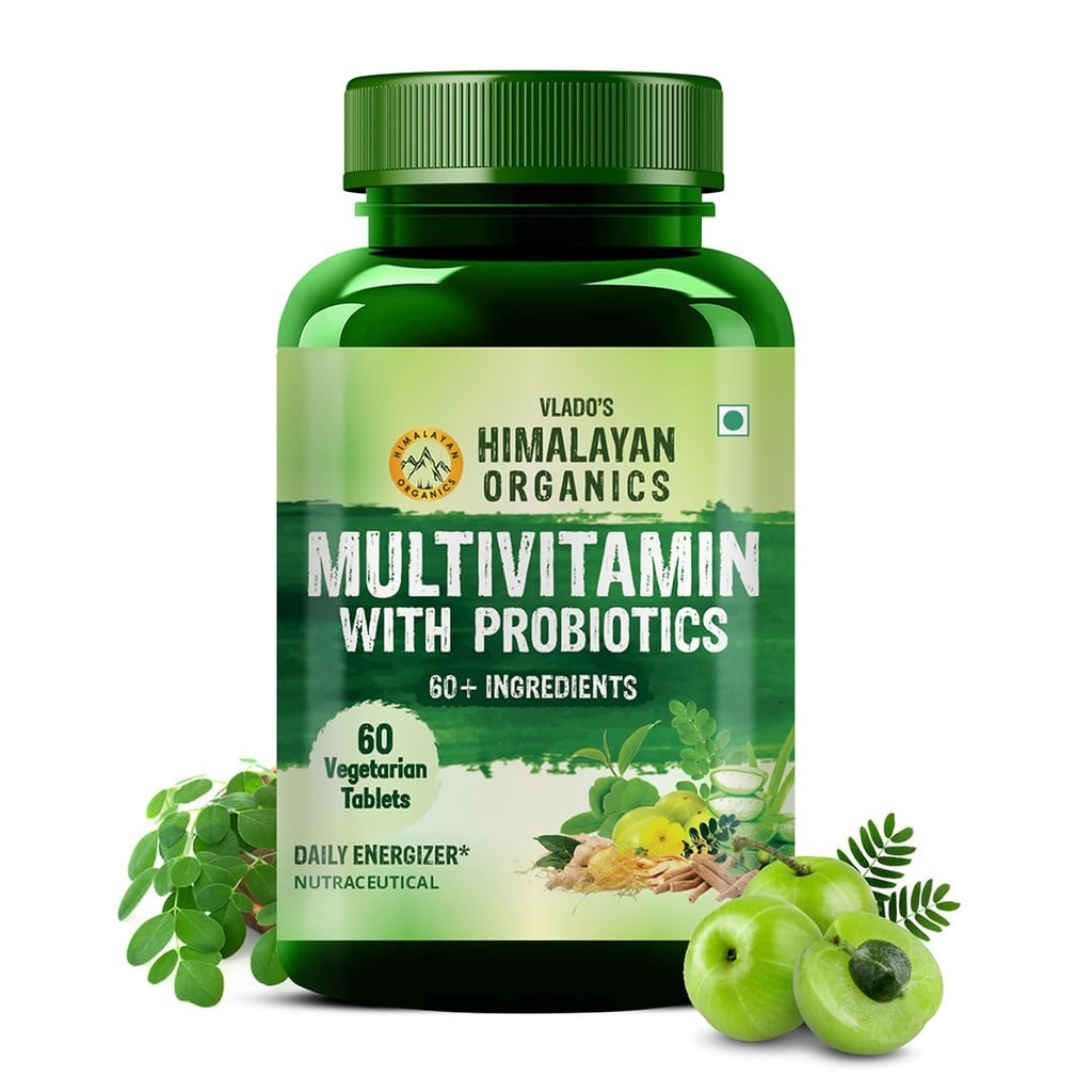 Vlado’s Himalayan Organics Multivitamin Tablets for Men & women With Probiotics - 60+ Ingredients multi Vitamins Supplement For Men And Women | VItamin B1,B2,B3,B5,B6B9,B12,C,E,A,K2,D Magneisum with 5B CFU Probiotic Blends with Multi minerals for Boost Stamina, Strength overall wellness - 60 Veg Tablets
