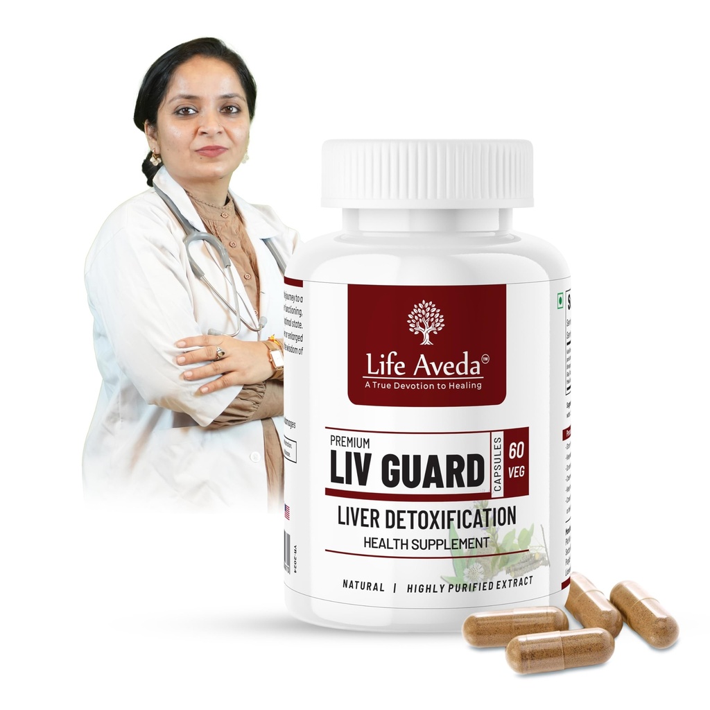 Life Aveda Liv Guard for Fatty Liver and Liver Detox Supplement | Help and Support Digestion, Blood purifier, Liver Function & Metabolism | Organic & Natural Ayurvedic Lever Detox Capsules | 60 Veg Caps (One Month Supply)