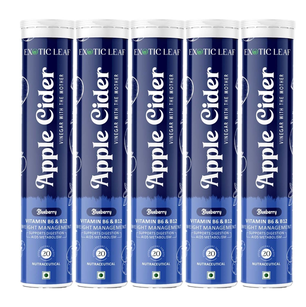 Apple Cider Vinegar Effervescent Tablets with Blueberry Flavour | With the Mother | Supports Digestion, Detox, Immunity & Weight Management – 20 Tablets Pack of 5