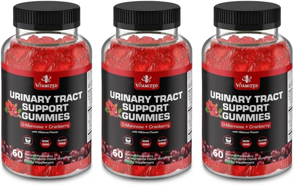 Potent Cranberry Gummies 1500mg avec D Mannose - Santé des femmes et des hommes contre le traumatisme urinaire, supplément de soutien à action rapide avec poudre d'hibiscus, 180 comte