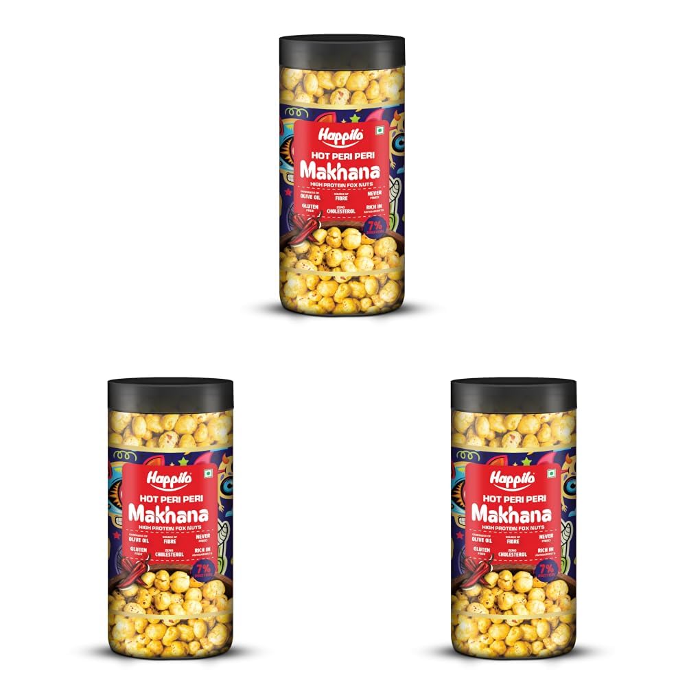 Happilo Premium Makhana Superhot Peri Peri Jar 80g | Roasted Foxnuts, Phool Makhana | Healthy Snacks | Low Calorie, Vegan & Spicy (Pack of 3)