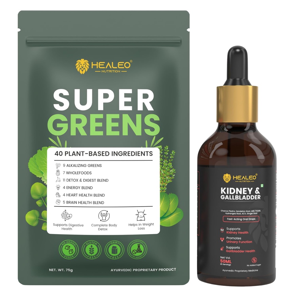 HEALEO Kidney & Daily Greens Wellness Combo | Kidney & Gallbladder Support Drops with Chanca Piedra, ACV, Ginger & Dandelion Root + Super Greens Powder with 40 Plant-Based Ingredients | Supports Urina
