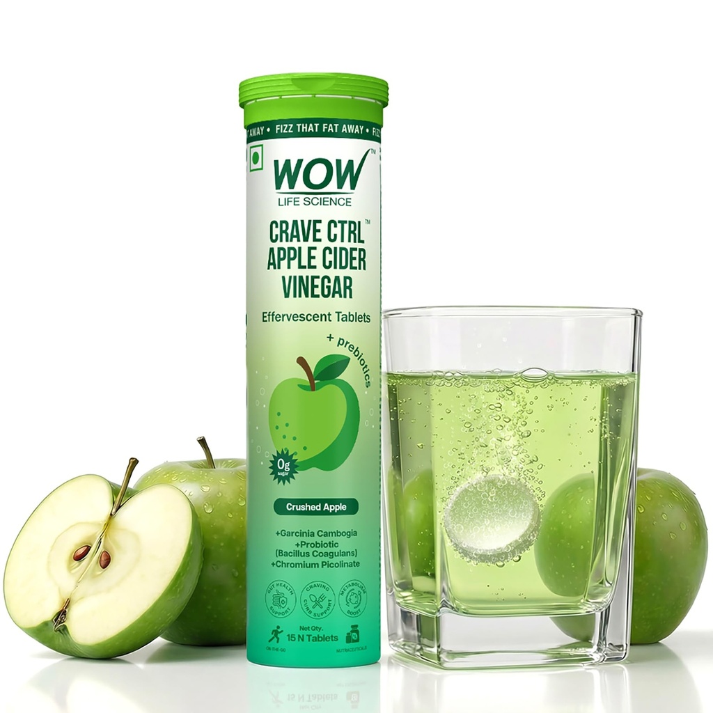 WOW Life Science Crave Ctrl Apple Cider Vinegar Effervescent Tablets | 500mg ACV with Garcinia, Probiotic & Chromium | Zero Sugar, Great Tasting Drink for Cravings Control, Gut Health & Metabolism | 15 Tablets