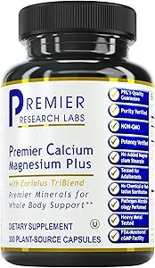 Premier Laboratoires de recherche Calcium Magnésium Plus - Supplément de magnésium de calcium, Supplément de calcium, Magnésium pur, Complexe de champignons avec Reishi & Lions Mane - 300 Capsules végétariennes