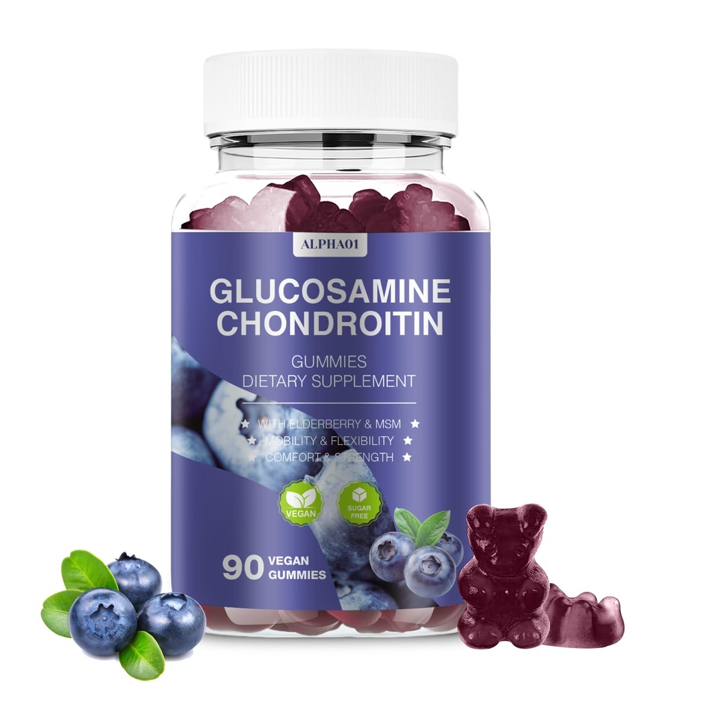 Glucosamin Chondroitin Gummies - 3000MG Extra Strength Joint Support Supplement mit MSM & Elderberry, Flexibilität, Antioxidant Immun Support Gummy für Erwachsene, Männer & Frauen 90 Blueberry Gummies