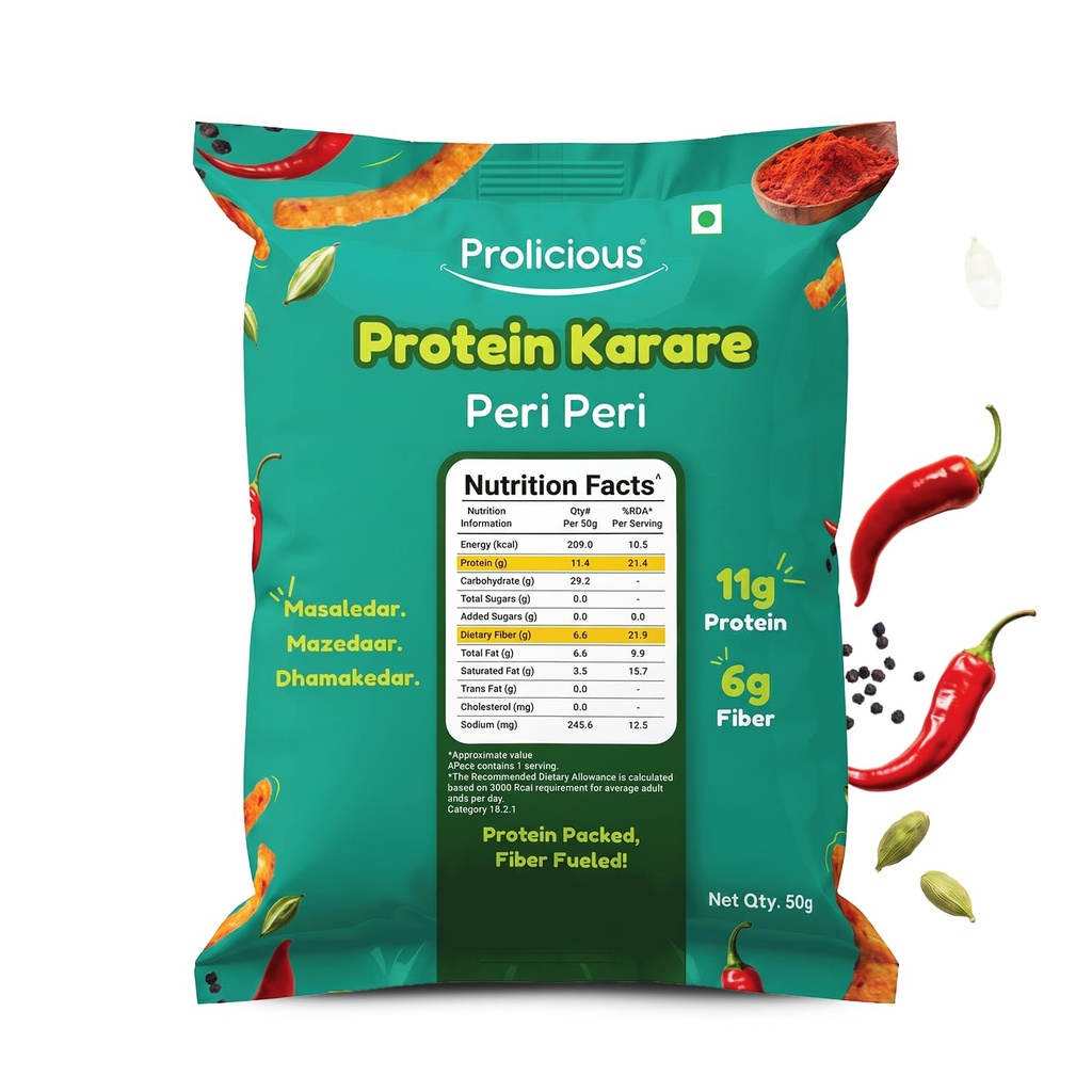 Prolicious Healthy Protein Karare, 11g Protein & 6g Fibre, Vegan Snacks, No Maida, No Palm Oil, 50g - Peri Peri (Pack of 10)