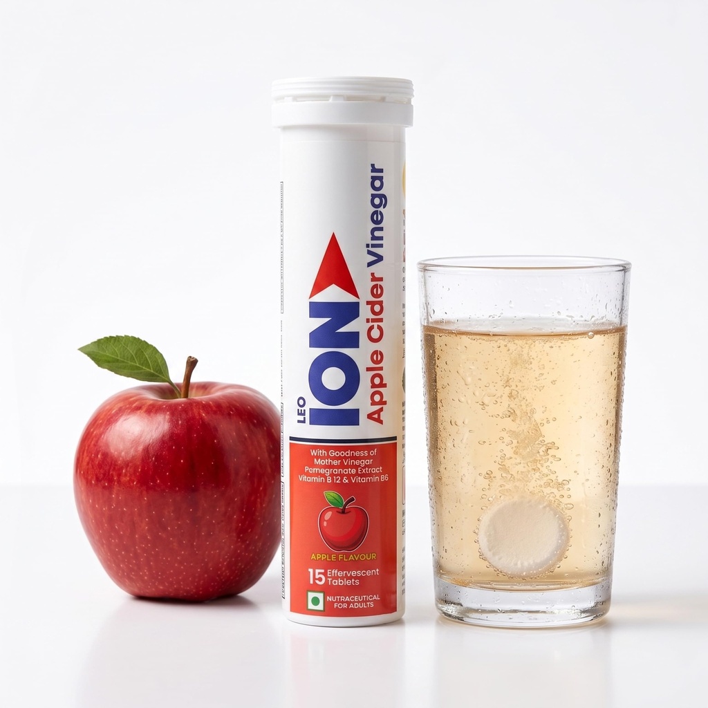 LEO ION Apple Cider Vinegar 15 Effervescent Tablets | Formulated with Mother Vinegar, Pomegranate Extract, Vitamin B12 and Vitamin B6 Supplement | Weight Management, Metabolism and Digestive Health Support | Apple Flavour