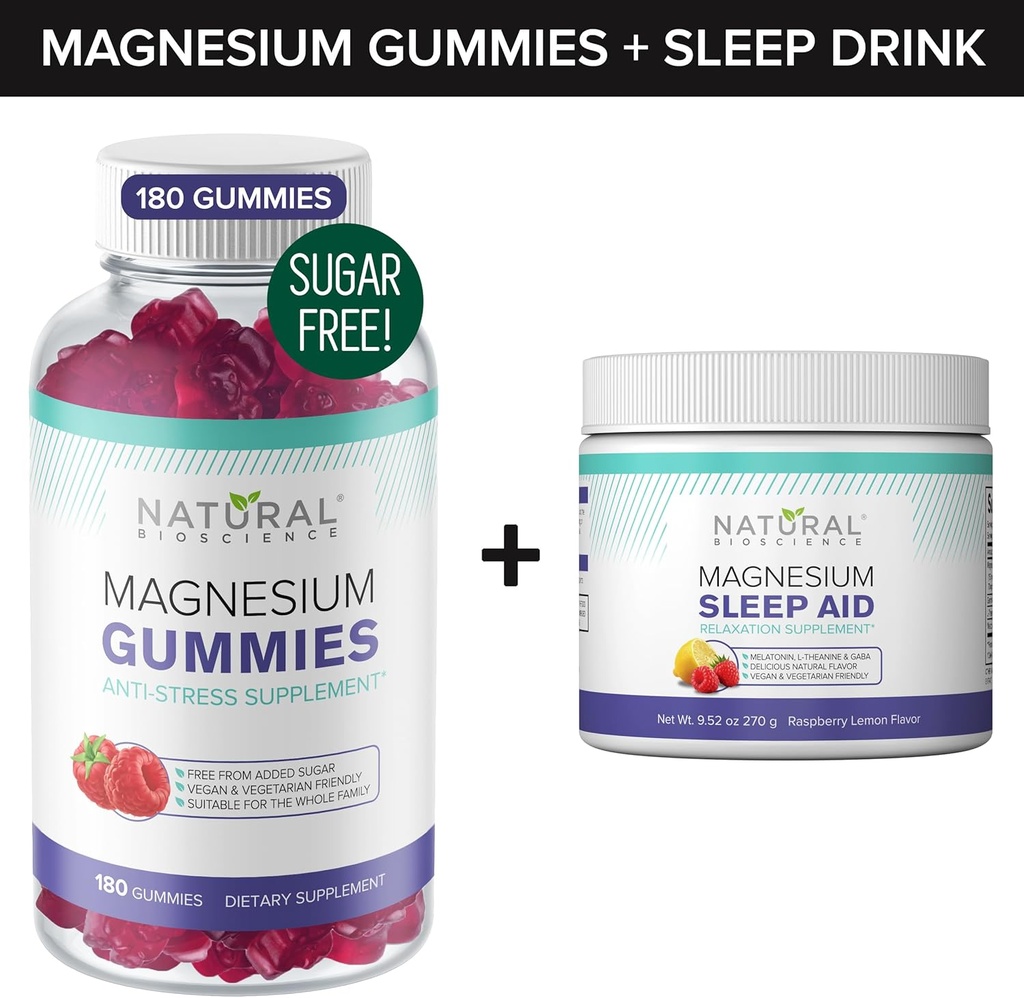 Gommies de magnésium sans sucre (180 gommies) et poudre de nuit de magnésium avec du citrate de magnésium, de la mélatonine, de la L-Theanine et du GABA - végétalien, sans gélatine, sans gluten, sans OGM