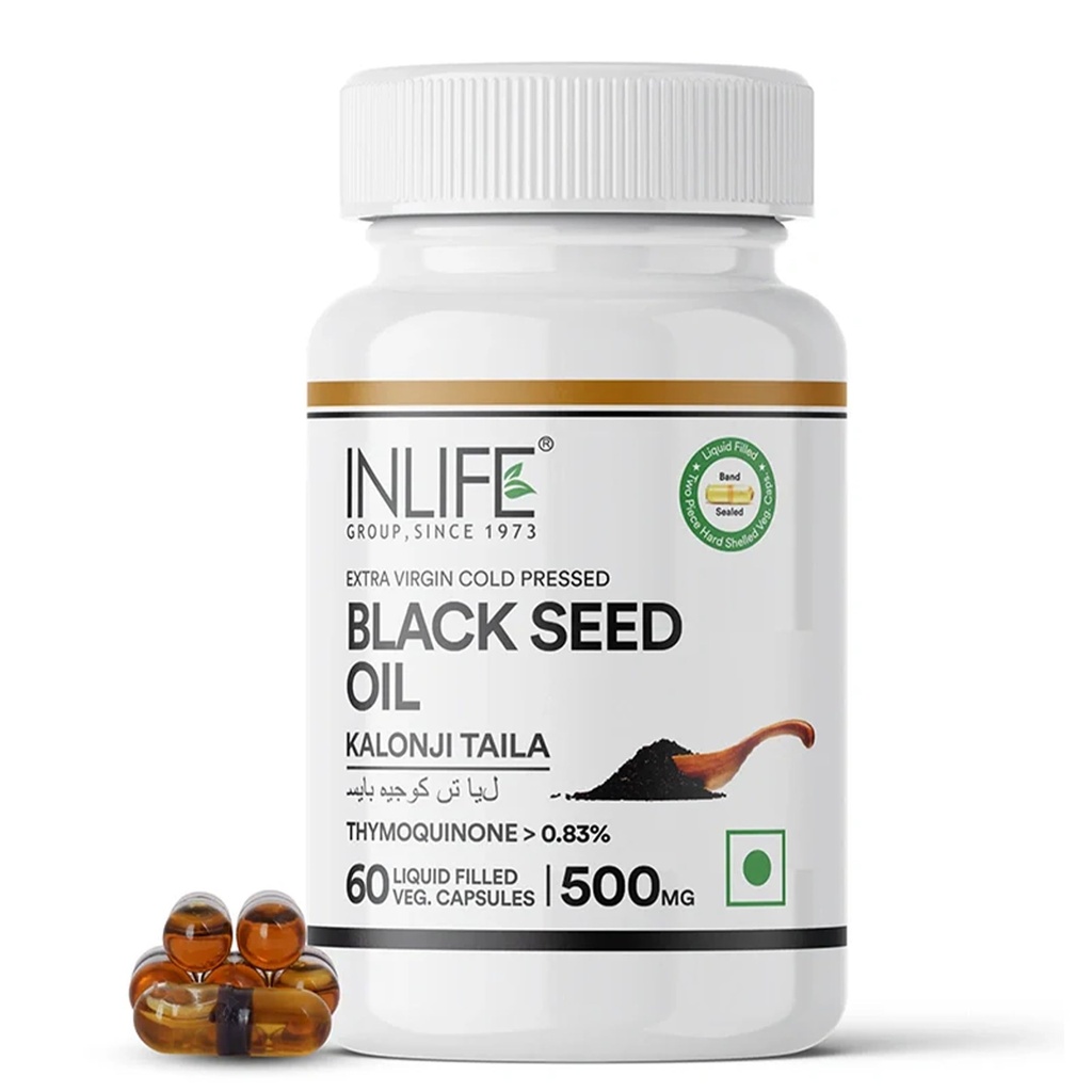INLIFE Black Seed Oil Capsules 500mg, Kalonji Cold-Pressed, 60 Veg Capsules