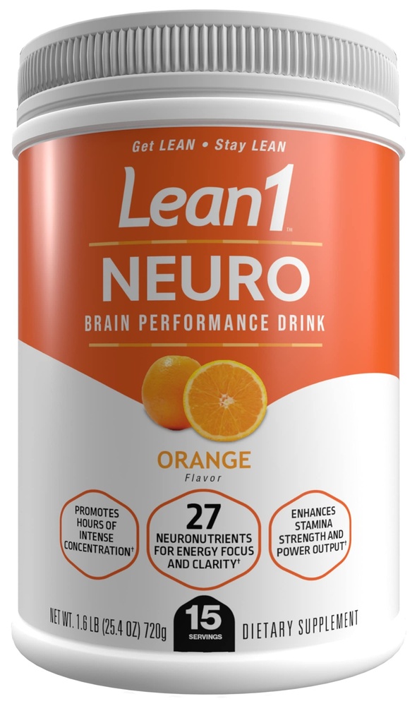 Lean1 Neuro, Mental Energy Powder Drink, sapore arancione, 15 vasche di servizio di Nutrition53