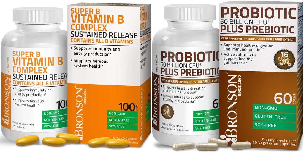 Bronson Probiotic 50 miliardi di CFU + Prebiotico con Polifenoli di mela e Estratto di frutta di ananas + Vitamina B Complex