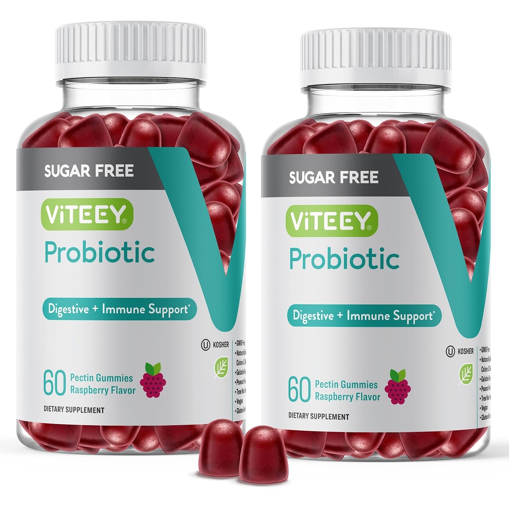 Viteey Probiotic Gummies für Damen, Herren & Teens, 2 Billion CFUs - Sugar Free - Immun Booster, Verdauungsunterstützung, Gut Health - Vegan, Gelatin Free, GMO Free - Tasty Chewable Raspberry Flavored Gummy
