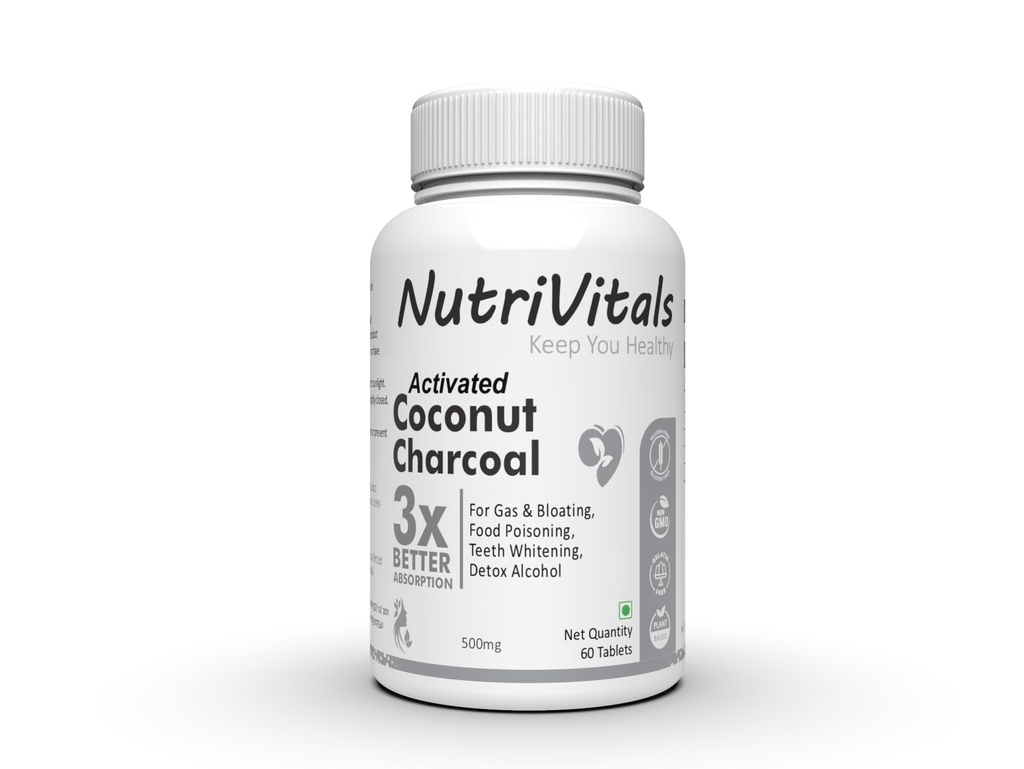 Potentvalley Coconut Charcoal Tablets - Natural Activated Charcoal For Detoxification,Support Gas Relief, And Digestive Comfort - 60 Tablets 500Mg