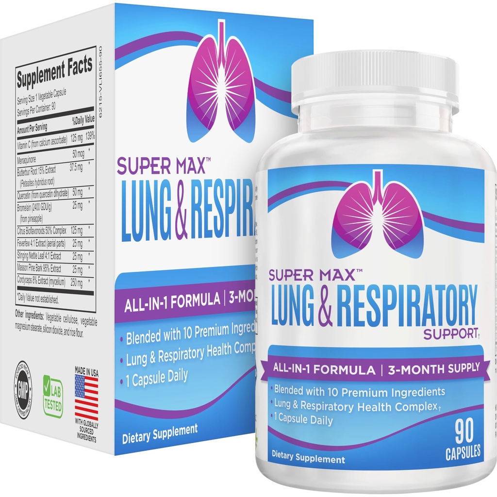 3-Mois Soutien pulmonaire et respiratoire (All-in-1) Supplément complexe Formule saisonnière , 10 ingrédients actifs , naturel quotidien , nutriments pulmonaires , suppléments de santé respiratoire , 90 jours , 90 capsules