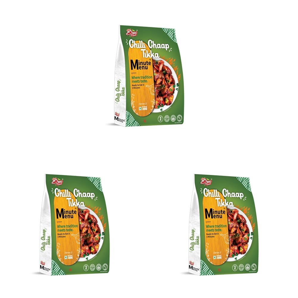 Desi Treat Minute Menu Chilli Chaap Tikka | Ready to Eat in 3 Minutes | Plant-Based Protein Rich Snack | Ideal for Lunch, Dinner, Party & Travel Meals | 300g Pack (Pack of 3)