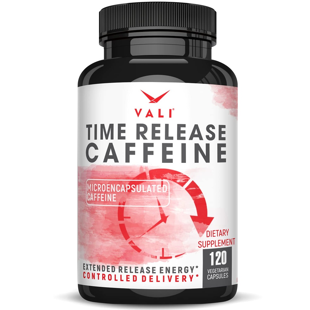 VALI Time Release Caffeine 100mg Capsules- Smart Slow Release for Extended Energy & Focus. Advanced Nootropic Supplement. Brain Booster Active Performance, Alertness & Clarity. 120 Veggie Capsules