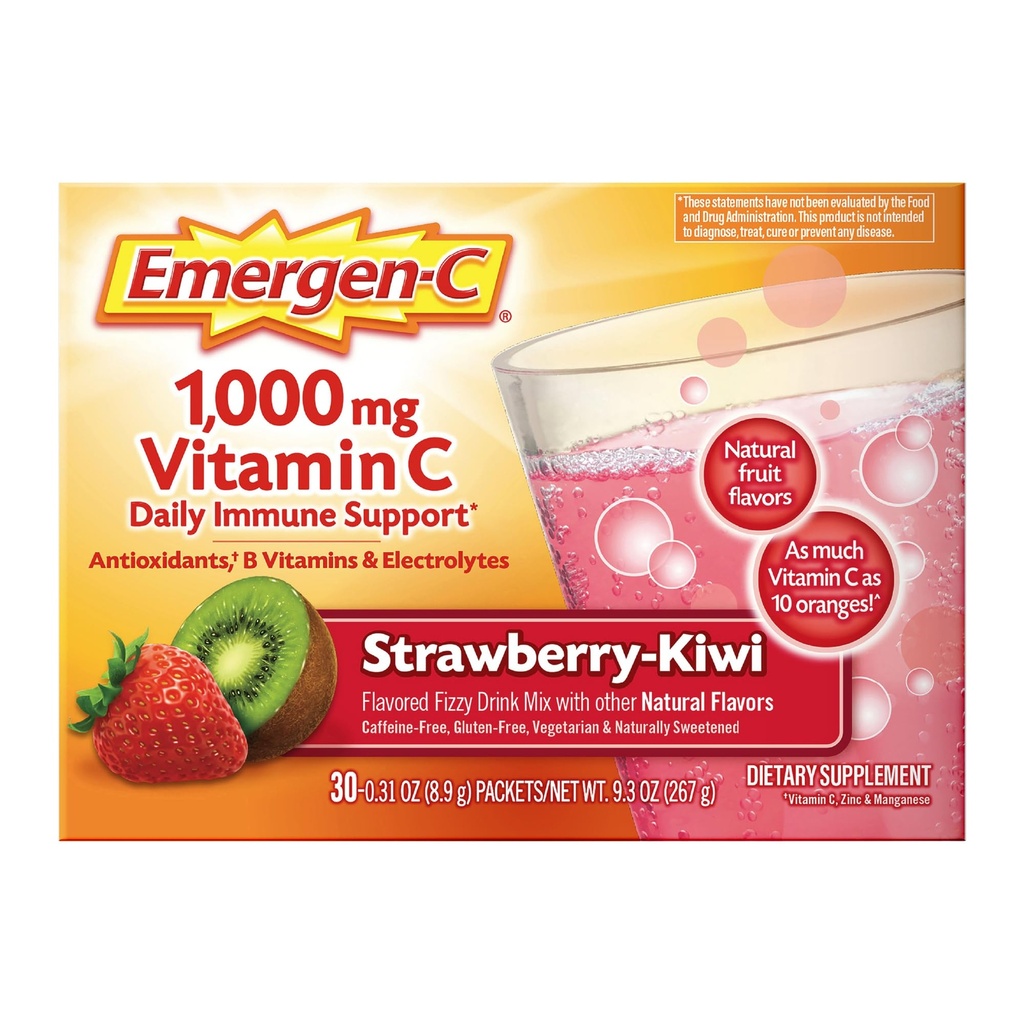 Emergen-C 1000mg Vitamina C Supporto immunitario Polvere fragola Kiwi 30CT include Zinco, Manganese, 7 B Vitamine ed Elettroliti per Back to School Essentials