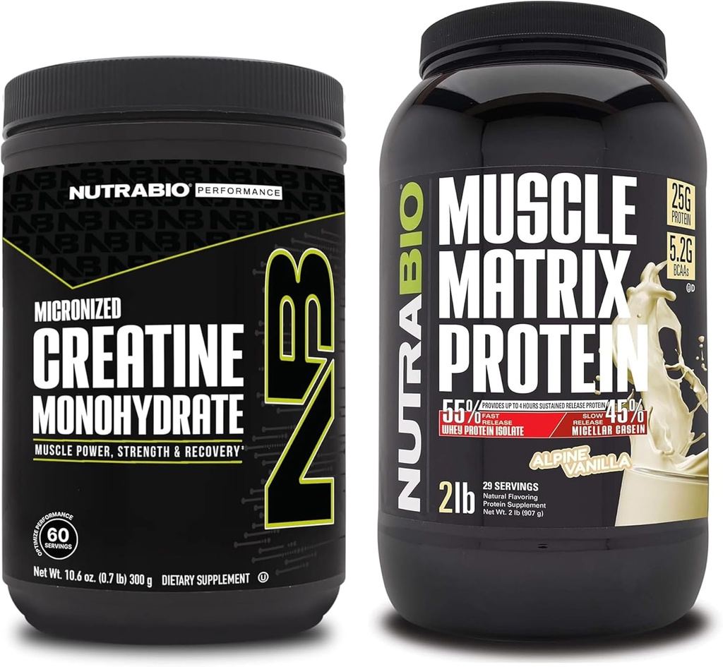 NutraBio Creatine Monohydrat, Unflavored, (300 g) und Muscle Matrix Protein Powder, (Vanilla) Supplement Bundle – Muskelenergie, maximales Wachstum, Erholung und Stärke