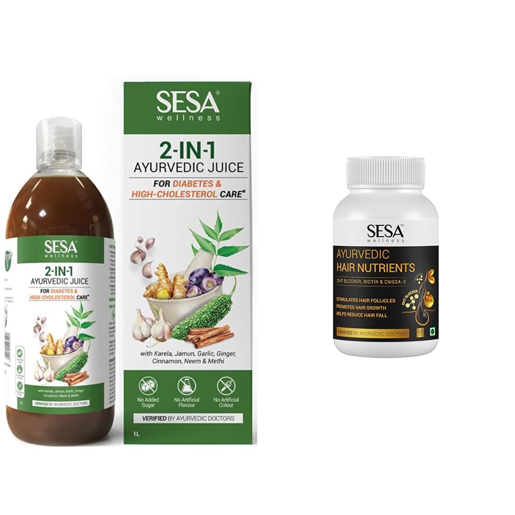 Sesa 2-in-1 Ayurvedic Juice – 1L | Supports Healthy Cholesterol & Blood Sugar Levels | With Karela | SESA Ayurvedic Hair Vitamins Biotin Tablets DHT Blocker 60 Capsules - Plant based Gluten free Nutr