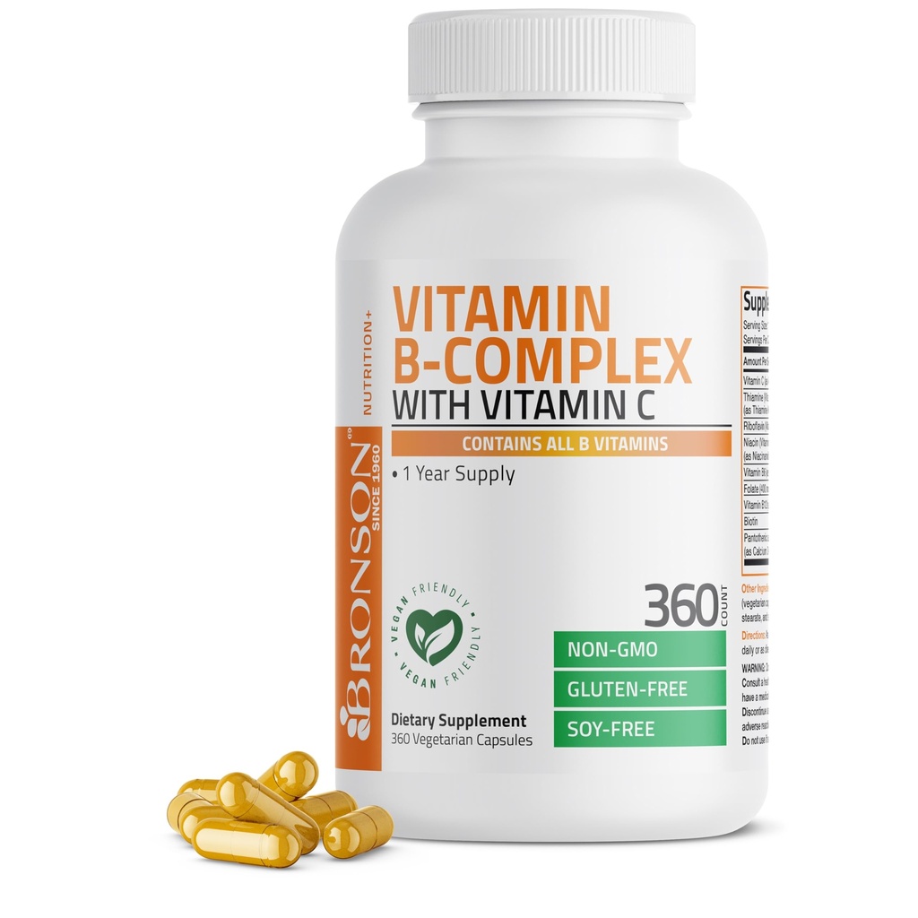 Bronson Vitamin B Komplex mit Vitamin C - Immungesundheit, Energieunterstützung und Unterstützung des Nervensystems - Nicht-GVO, 360 vegetarische Kapseln